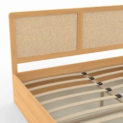 Lit coffre double EDHEN avec tête de lit cannage et sommier 140 x 190 cm coloris bois