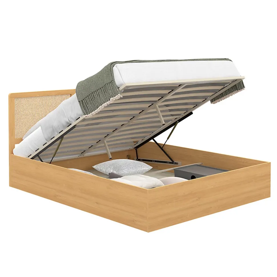 Lit coffre double EDHEN avec tête de lit cannage et sommier 140 x 190 cm coloris bois