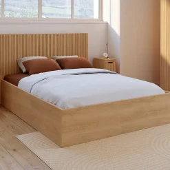 Lit coffre double JULIETTE avec tête de lit et sommier 140 x 190 cm effet lattes et bois