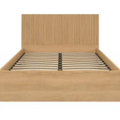 Lit coffre double JULIETTE avec tête de lit et sommier 140 x 190 cm effet lattes et bois