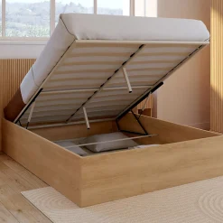 Lit coffre double JULIETTE avec tête de lit et sommier 140 x 190 cm effet lattes et bois