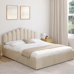 Lit coffre double NOELIE avec tête de lit et sommier 160 x 200 cm velours beige