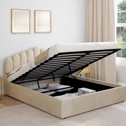 Lit coffre double NOELIE avec tête de lit et sommier 160 x 200 cm velours beige