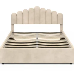 Lit coffre double NOELIE avec tête de lit et sommier 140 x 190 cm velours beige