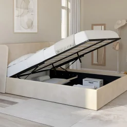 Lit coffre double OREA avec tête de lit enveloppante à oreilles et sommier 140 x 190 cm velours beige