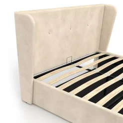 Lit coffre double OREA avec tête de lit enveloppante à oreilles et sommier 140 x 190 cm velours beige