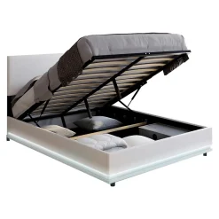 Lit coffre double OWEN avec LED intégrées + tête de lit et sommier 140 x 190 cm PVC blanc