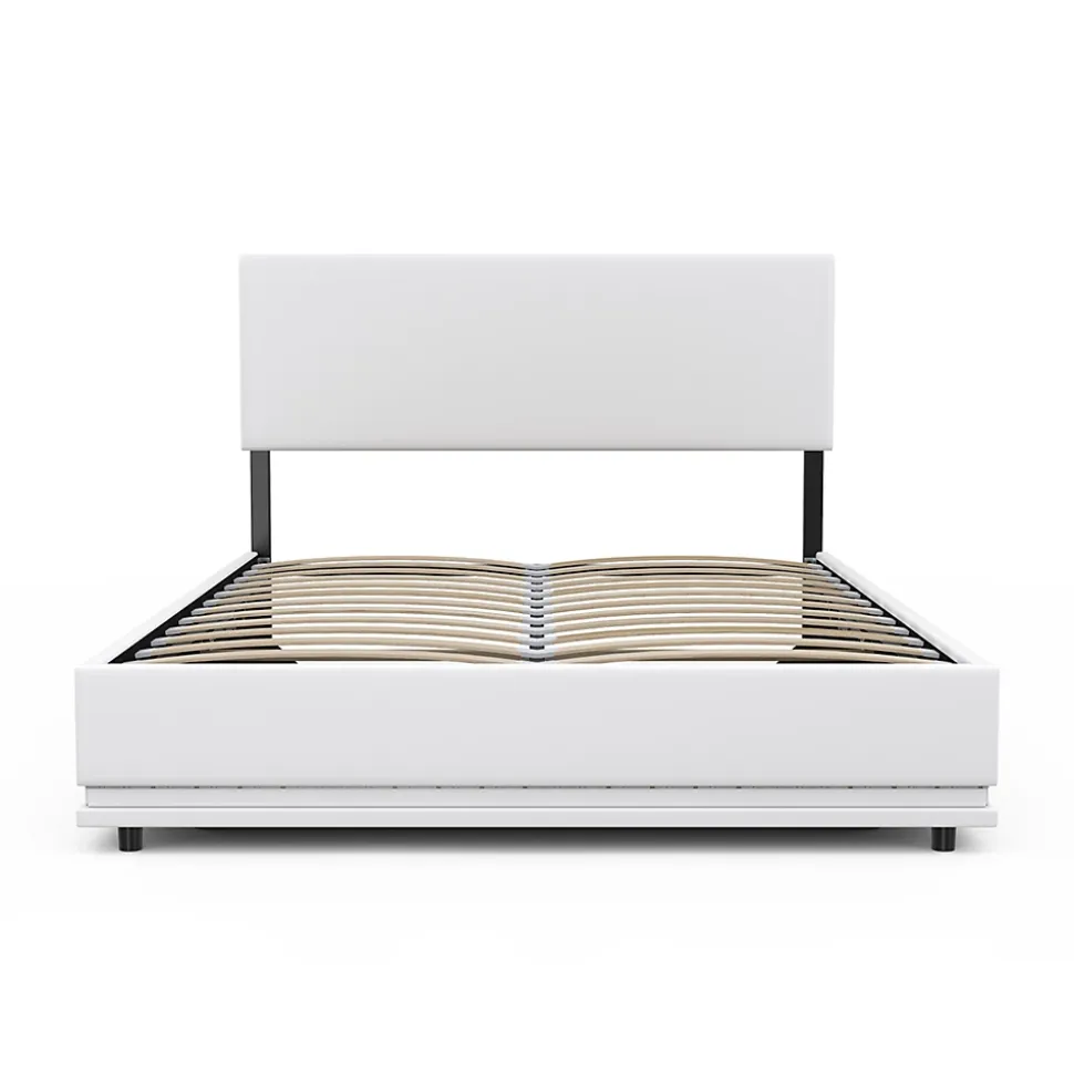 Lit coffre double OWEN avec LED intégrées + tête de lit et sommier 140 x 190 cm PVC blanc