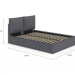 Lit coffre double PILOU avec tête de lit oreiller et sommier 140 x 190 cm tissu gris anthracite