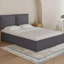 Lit coffre double PILOU avec tête de lit oreiller et sommier 140 x 190 cm tissu gris anthracite