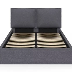 Lit coffre double PILOU avec tête de lit oreiller et sommier 140 x 190 cm tissu gris anthracite