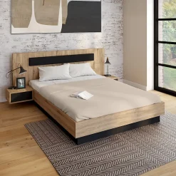 Lit coffre double SANTA avec tête de lit + tables de chevets intégrées et sommier 140 x 190 cm bois et noir