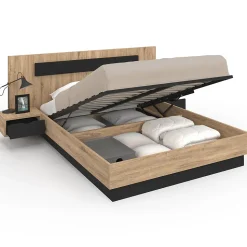 Lit coffre double SANTA avec tête de lit + tables de chevets intégrées et sommier 140 x 190 cm bois et noir