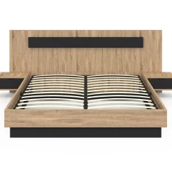 Lit coffre double SANTA avec tête de lit + tables de chevet intégrées et sommier 160 x 200 cm bois et noir