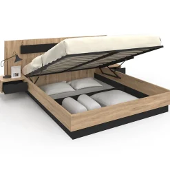 Lit coffre double SANTA avec tête de lit + tables de chevet intégrées et sommier 160 x 200 cm bois et noir