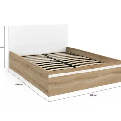 Lit coffre double SEASIDE avec tête de lit et sommier 140 x 190 cm façon hêtre et blanc