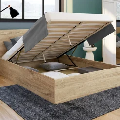 Lit coffre double SEASIDE avec tête de lit et sommier 160 x 200 cm façon hêtre