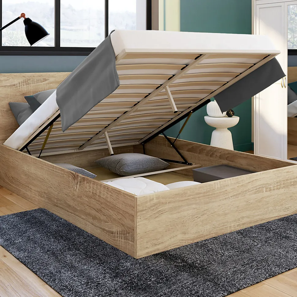 Lit coffre double SEASIDE avec tête de lit et sommier 160 x 200 cm façon hêtre