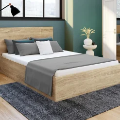 Lit coffre double SEASIDE avec tête de lit et sommier 160 x 200 cm façon hêtre
