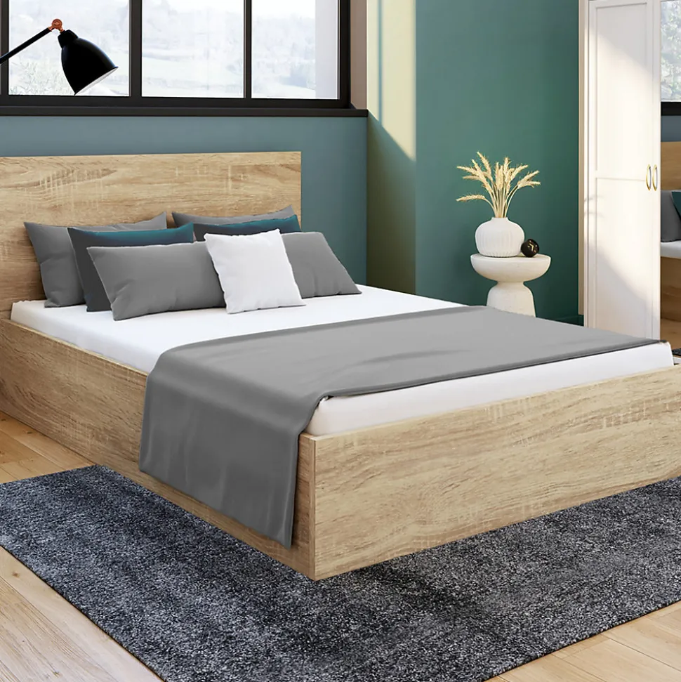 Lit coffre double SEASIDE avec tête de lit et sommier 160 x 200 cm façon hêtre