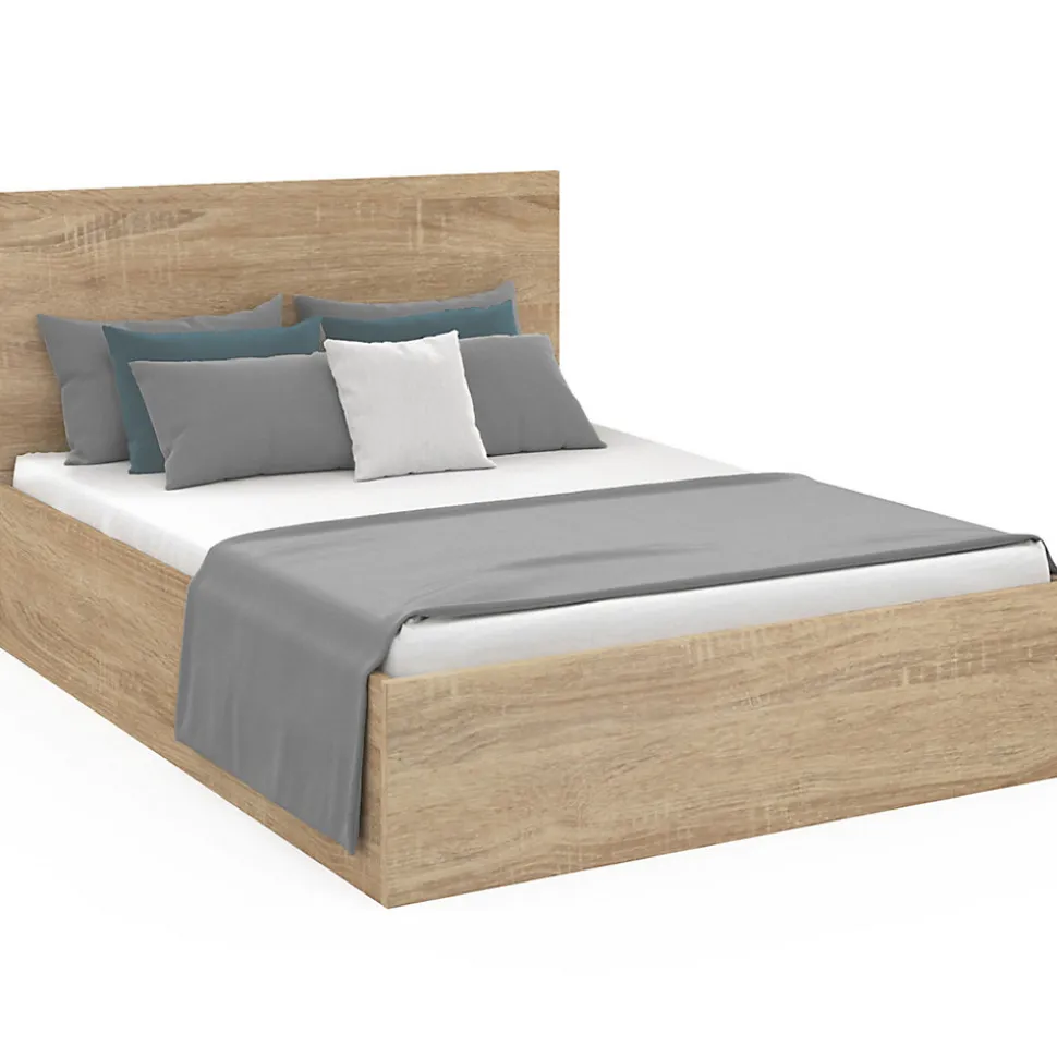 Lit coffre double SEASIDE avec tête de lit et sommier 160 x 200 cm façon hêtre