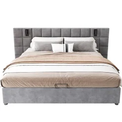 Lit coffre double velours gris, tête de lit damier avec prise USB