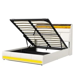 Lit coffre double 160x200 avec sommier et USB, LED, Cadre de lit avec Rangement et Tete de Lit, Blanc
