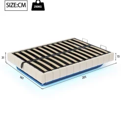 Lit Coffre Double 160x200 cm - avec Sommier à Ressorts et Rangement Intégré, LED Incluse, Sans Matelas, Tissu Lin Beige