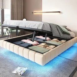 Lit Coffre Double 160x200 cm - avec Sommier à Ressorts et Rangement Intégré, LED Incluse, Sans Matelas, Tissu Lin Beige