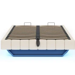 Lit Coffre Double 160x200 cm - avec Sommier à Ressorts et Rangement Intégré, LED Incluse, Sans Matelas, Tissu Lin Beige