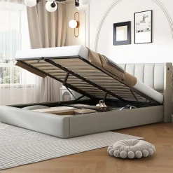 Lit Coffre Double 140x190 cm - Lit Capitonné avec LED et Rangement Hydraulique - Sans Matelas - Gris