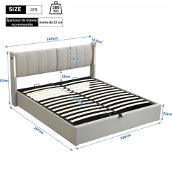 Lit Coffre Double 140x190 cm - Lit Capitonné avec LED et Rangement Hydraulique - Sans Matelas - Gris