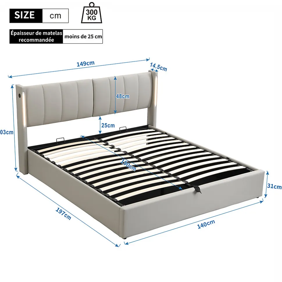 Lit Coffre Double 140x190 cm - Lit Capitonné avec LED et Rangement Hydraulique - Sans Matelas - Gris