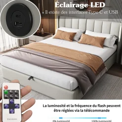 Lit Coffre Double 140x190 cm - Lit Capitonné avec LED et Rangement Hydraulique - Sans Matelas - Gris