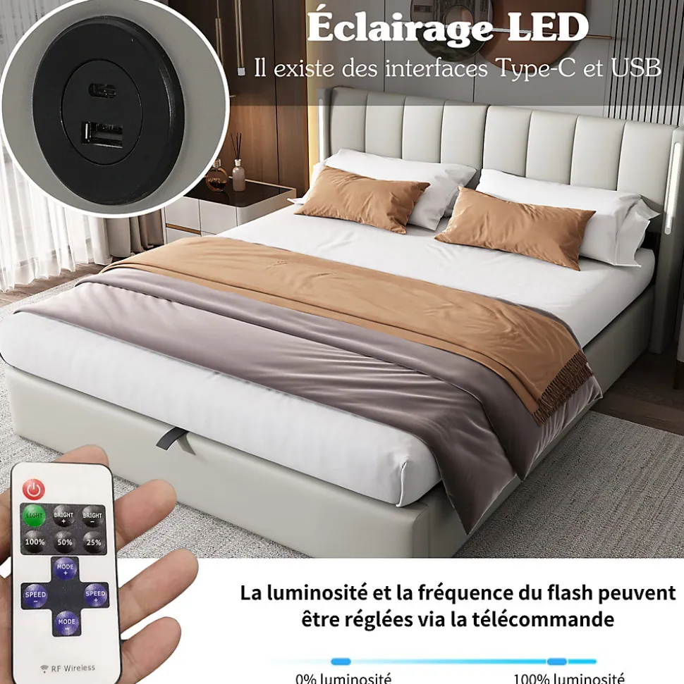 Lit Coffre Double 140x190 cm - Lit Capitonné avec LED et Rangement Hydraulique - Sans Matelas - Gris