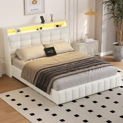 Lit Coffre Double 160x200 cm - Lit Adulte PU avec Éclairage LED et Port USB, Idéal pour la chambre - Blanc