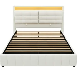 Lit Coffre Double 160x200 cm - Lit Adulte PU avec Éclairage LED et Port USB, Idéal pour la chambre - Blanc