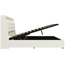 Lit Coffre Double 160x200 cm - Lit Adulte PU avec Éclairage LED et Port USB, Idéal pour la chambre - Blanc