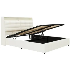 Lit Coffre Double 160x200 cm - Lit Adulte PU avec Éclairage LED et Port USB, Idéal pour la chambre - Blanc