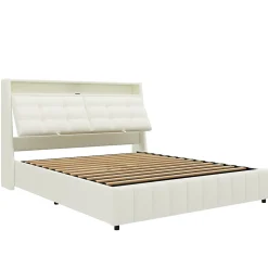 Lit Coffre Double 160x200 cm - Lit Adulte PU avec Éclairage LED et Port USB, Idéal pour la chambre - Blanc
