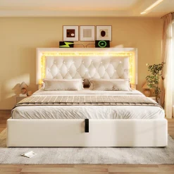 Lit Coffre Double 160x200 cm - LED Diamant et USB Type-C, Rangement Hydraulique, Sommier à Lattes, Velours Beige - Sans Matelas