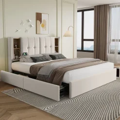 Lit Coffre Double 160x200 cm - Lit Adulte Capitonné avec 4 Tiroirs, Charge Sans Fil, USB, Type-C - Lin Beige - Matelas Inclus