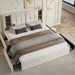 Lit Coffre Double 160x200 cm - Lit Adulte Capitonné avec 4 Tiroirs, Charge Sans Fil, USB, Type-C - Lin Beige - Matelas Inclus