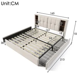 Lit Coffre Double 160x200 cm - Lit Adulte Capitonné avec 4 Tiroirs, Charge Sans Fil, USB, Type-C - Lin Beige - Matelas Inclus