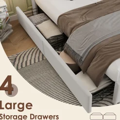 Lit Coffre Double 160x200 cm - Lit Adulte Capitonné avec 4 Tiroirs, Charge Sans Fil, USB, Type-C - Lin Beige - Matelas Inclus