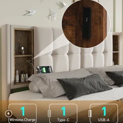 Lit Coffre Double 160x200 cm - Lit Adulte Capitonné avec 4 Tiroirs, Charge Sans Fil, USB, Type-C - Lin Beige - Matelas Inclus