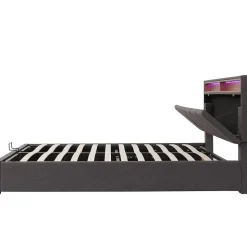 Lit Coffre Double 140x190 cm - Lit Hydraulique avec Rangement et Éclairage LED - Tissu Lin - Sans Matelas - Gris