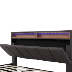 Lit Coffre Double 140x190 cm - Lit Hydraulique avec Rangement et Éclairage LED - Tissu Lin - Sans Matelas - Gris