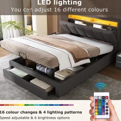 Lit Coffre Double 140x190 cm - Lit Hydraulique avec Rangement et Éclairage LED - Tissu Lin - Sans Matelas - Gris