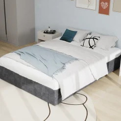 Lit Coffre Double 160x200 cm - Moderne en Velours Hollandais avec Vérin Hydraulique, Sans Tête de Lit - Gris - Sans Matelas